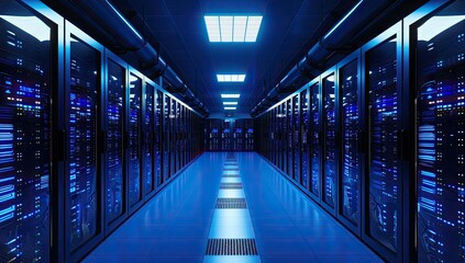 A long corridor of server racks illuminated with blue light, showcasing a modern data center's infrastructure