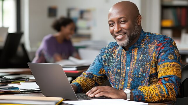 A man is sitting at a desk with a laptop and smiling. He is wearing a colorful shirt and he is happy