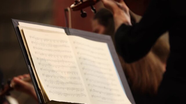 Unrecognizable violin player performing in orchestra ensemble 