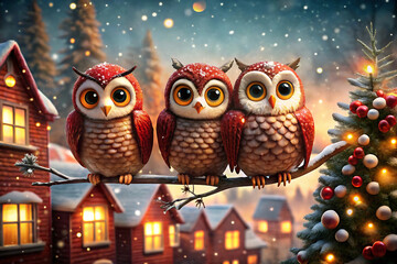 Three Adorable Cartoon Owls with Big Eyes Sitting on a Branch with Christmas Decorations cute isolated on a transparent background