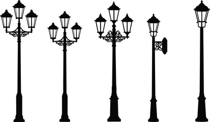 Vintage street lamp silhouettes, ornate lantern pole designs, classic lighting icons, urban architecture vector set, black graphic, historical style