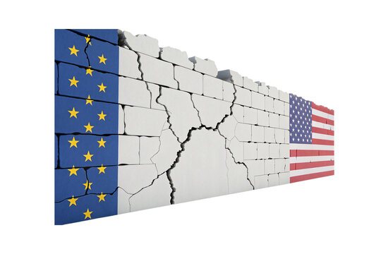 Cracked brick wall displaying European Union flag on left side and American flag on right, separated by damaged white bricks, isolated on a transparent background