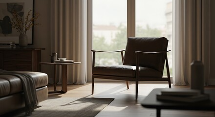 Modern Living Room with Comfortable Armchair and Natural Light Streaming Through Large Windows