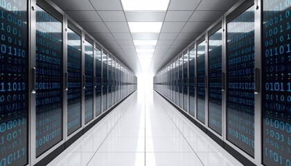 A long corridor of sleek, dark server racks, each displaying blue binary code on their glass fronts, leads to a bright end
