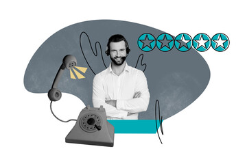 Composite photo collage of happy man manager wear headphones dispatcher helpline telephone receiver...