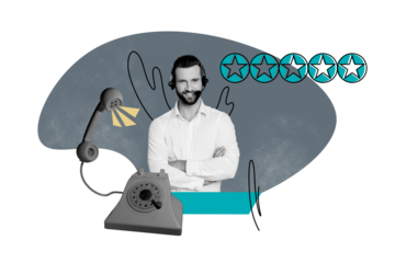Composite photo collage of happy man manager wear headphones dispatcher helpline telephone receiver best mark isolated on painted background