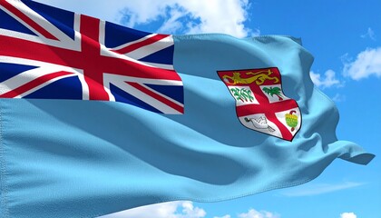 Vibrant Fijian flag proudly waving against a clear blue sky with fluffy white clouds, symbolizing national pride and island spirit.