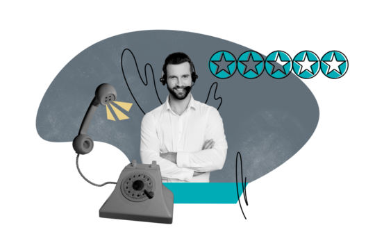 Composite photo collage of happy man manager wear headphones dispatcher helpline telephone receiver best mark isolated on painted background