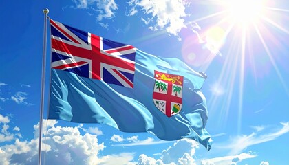 Vibrant Fijian flag proudly waves against a brilliant sunny sky filled with fluffy clouds, symbolizing national pride and tropical beauty.