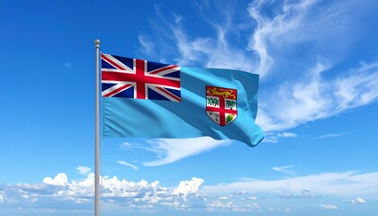Majestic Fiji flag proudly waving against a brilliant blue sky with wispy clouds, symbolizing national pride and island spirit for travel or patriotic themes.
