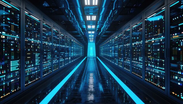 A long, dark corridor lined with glowing server racks, illuminated by vibrant blue neon lights.  The reflective floor enhances the futuristic atmosphere