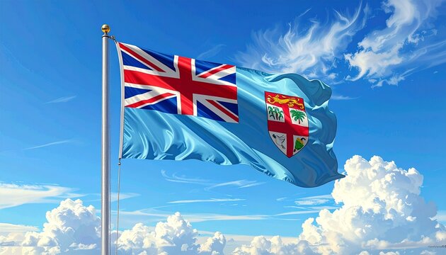 Proudly waving Fijian flag against a vibrant blue sky with dramatic clouds, symbolizing national pride and island spirit.