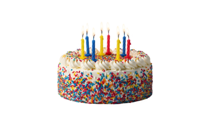 Colorful birthday cake with candles isolated on transparent background
