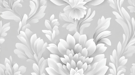 Seamless damask style, Elegant floral patterns in gray tones, featuring intricate designs of leaves and flowers, suitable for wallpaper or fabric.