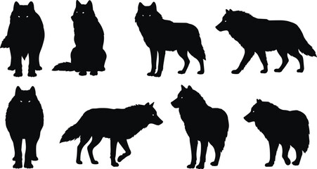 Wolf silhouettes, wild animals, predator illustration, wildlife vector, group wolves, forest design, animal posture, stock art, nature concept, hunting behavior pattern