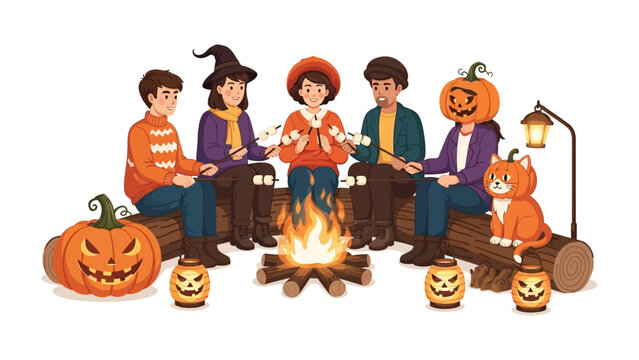 Spooky campfire gathering: A cheerful group of friends gathered around a crackling campfire. A vibrant illustration evoking a sense of seasonal joy and companionship.