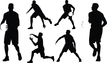 Silhouette collection of basketball players dribbling, passing, shooting, running, dynamic sports poses, team game vector design illustration set