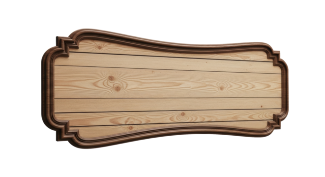 Horizontal blank wooden sign, dark carved frame, light wood grain, decorative shape, isolated on white, studio lighting, concept for quality product display