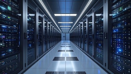 A long, dimly lit server room with rows of dark metal racks, glowing lights, and a reflective floor