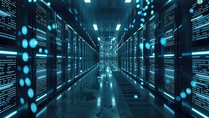 A long, dimly lit server room with rows of data servers, glowing blue particles, and a reflective floor