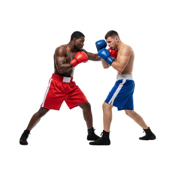 Two boxers sparring face to face wearing red and blue gloves in competitive fighting stances, isolated on a transparent background