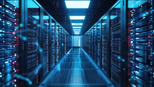 A long, dimly lit server room with rows of tall, dark racks filled with glowing lights, and a reflective floor showing a perspective down a central aisle - Powered by Adobe