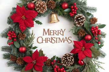 Traditional Merry Christmas Wreath with Poinsettias Pinecones Berries and a Bell holiday decoration isolated on a transparent background