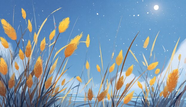 Field of golden wheat against a dreamy blue sky with a bright moon