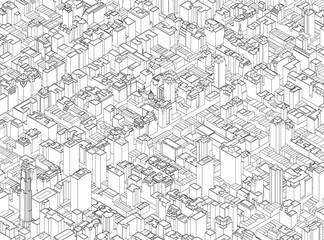 Black and white contour drawing of a maze-like cityscape with densely packed buildings. The intricate arrangement creates a powerful sense of depth and dimension, evoking the energy of a bustling.