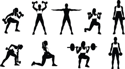Silhouette fitness women workout with dumbbells and barbell, strength training poses, exercise routine, gym workout, bodybuilding, healthy lifestyle fitness motivation
