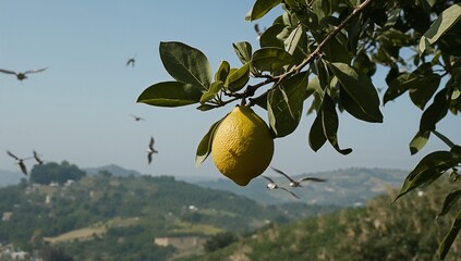 A bright yellow lemon hangs on a branch against a backdrop of rolling hills and flying birds.