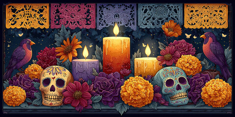 Day of the Dead Celebration with Skulls, Candles, and Flowers