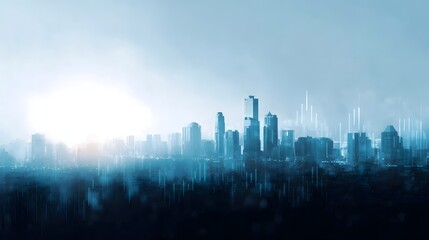 Futuristic blue city skyline with glowing financial data graphs overlaying modern skyscrapers under bright atmospheric light