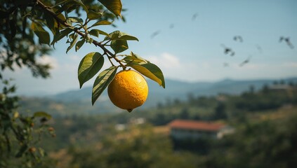 A vibrant yellow lemon hangs from a branch, showcasing a picturesque landscape of rolling hills and a tranquil sky.