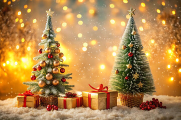 Two decorated Christmas trees with gifts and red berries on a snowy background ornaments gold isolated on a transparent background