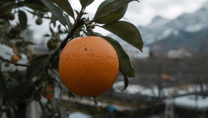 A vibrant orange, ripe and glistening, hangs from a branch laden with leaves against a backdrop of a muted winter landscape.