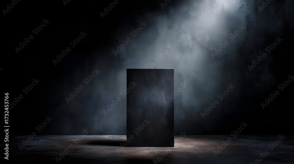 Canvas Prints a dark textured pedestal is dramatically lit by a spotlight in a minimalist shadowy studio setting