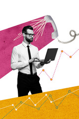 Vertical composite collage artwork image picture of elegant man laptop telephone isolated on...