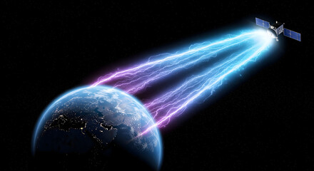 Conceptual image of a satellites signal expanding across Earths atmosphere
