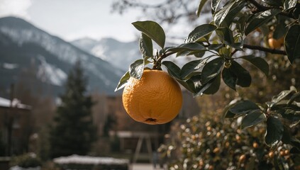 A ripe, vibrant orange hangs from a branch against a backdrop of snow-capped mountains and a picturesque town.