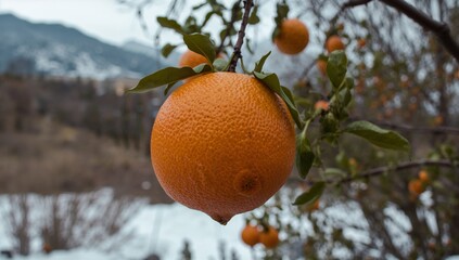 A close-up view of a ripe orange hanging from a tree branch, with a backdrop of a winter landscape.