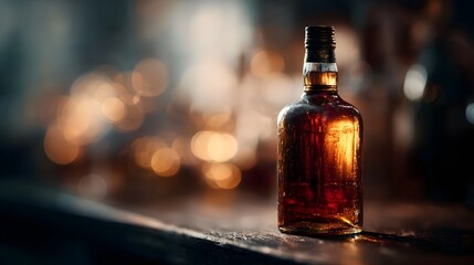 A glass bottle filled with amber colored whiskey sits on a surface illuminated by soft blurred background lights
