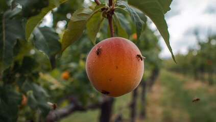 A ripe peach hangs from a tree branch, surrounded by green foliage and buzzing insects.