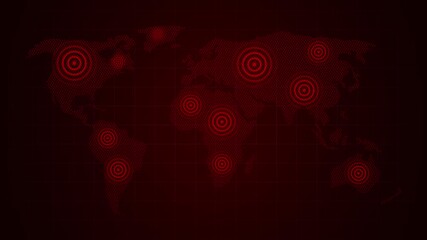 Digital world map with red dots and glowing circles indicating areas of concentration or activity. World map of virus, virus infection with spread area
