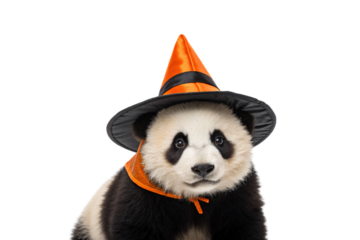 Young panda with orange and black witch hat for spooky season, isolated on a transparent background