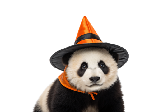 Young panda with orange and black witch hat for spooky season, isolated on a transparent background