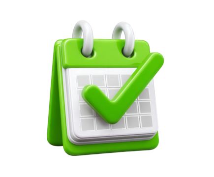 A 3d render of a green calendar with a green checkmark, symbolizing a scheduled event or task completion, isolated on transparent background