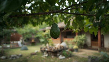 A vibrant green avocado hangs from a branch, bathed in natural light, with a blurred background of a rustic garden and home.