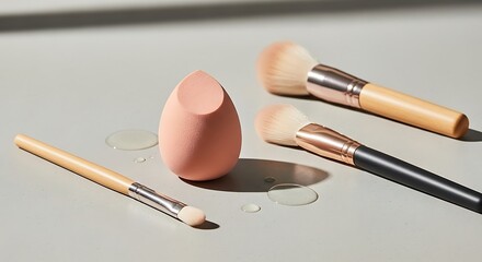 Makeup Sponge and Brushes on Light Surface with Water Droplets