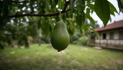 A ripe avocado hangs from a tree branch, showcasing a vibrant green hue against a blurred background of lush greenery and a rustic wooden home.